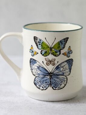 Seeds & Sunshine Large Coffee Mug Gold Trim Blue Green Butterflies 16 oz